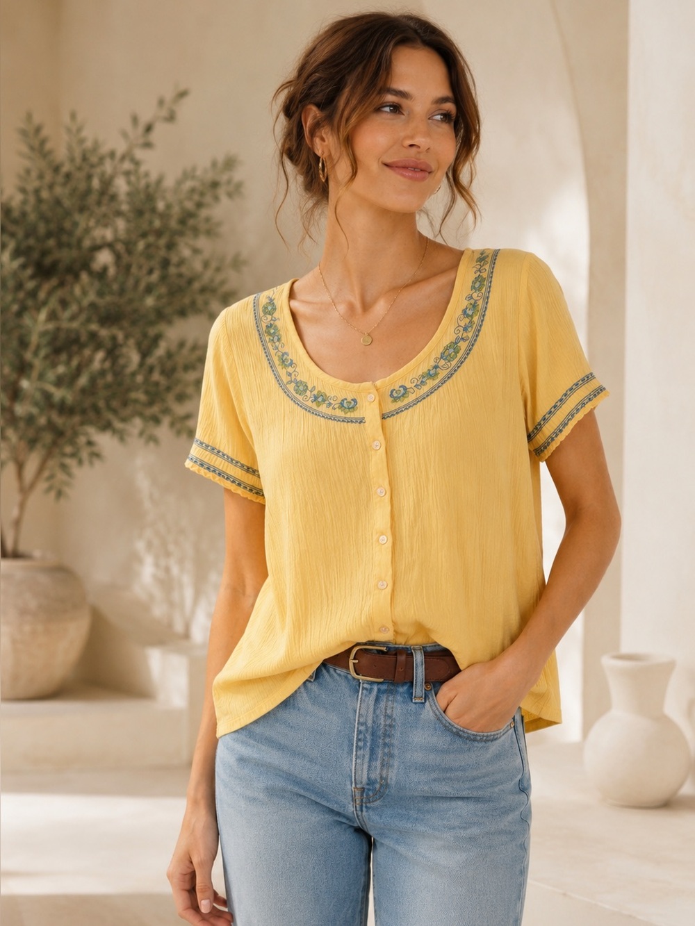 D&Co Yellow Embroidered Cotton Blouse Boho Cottagecore Floral Top Size L